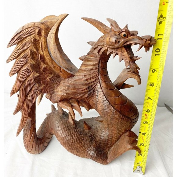 Wood Carved Flying Dragon Fantasy Large 12” X 12” - Picture 4 of 9
